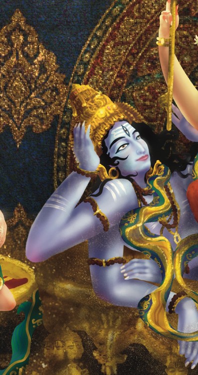 Goddess Lakshmi emerging from a lotus, surrounded by algorithmic floral designs.