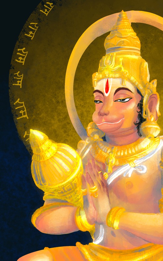 Hanuman in a dynamic pose, rendered with digital brushstrokes and subtle code elements.